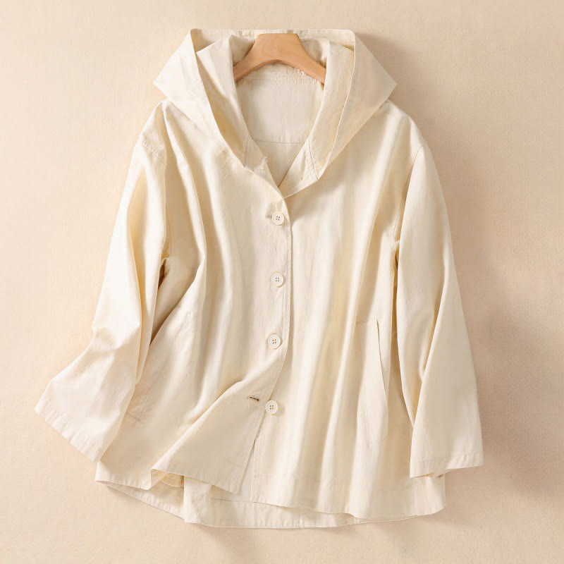 Buddha Stones Pure Color Hooded Women's Long Sleeve Cotton Jacket With Pockets - OldLace - US14，UK/AU18，EU46 (2XL) - image 6