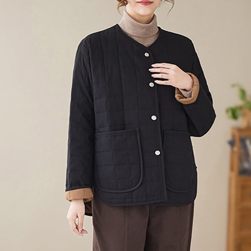 Buddha Stones Retro Plain Women's Thick Cotton Long Sleeve Coat Jacket With Pockets - image 3