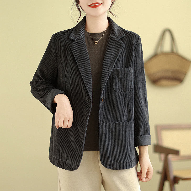 Buddha Stones Retro Plain Women's Long Sleeve Corduroy Jacket With Pockets - DimGray - US12，UK/AU16，EU44 (2XL) - image 11