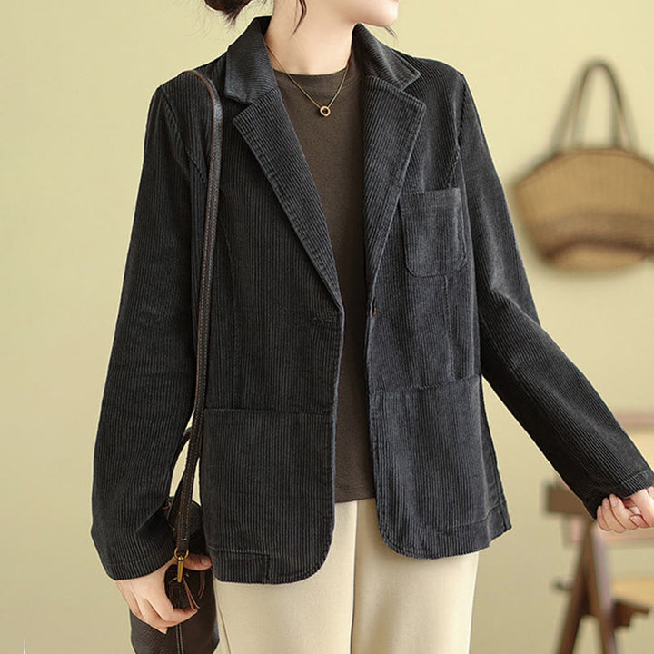 Buddha Stones Retro Plain Women's Long Sleeve Corduroy Jacket With Pockets - image 14