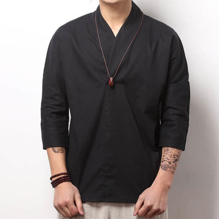 Buddha Stones Casual V-Neck Three Quarter Sleeve Shirt Men Clothing - Black - US/UK/AU44，EU54 (5XL) - image 5