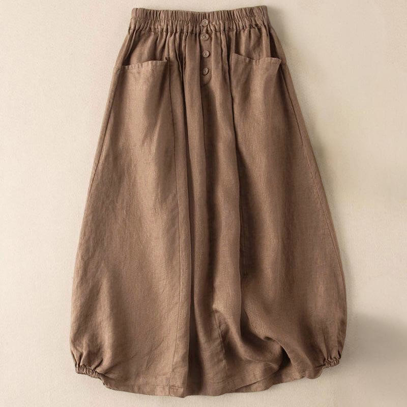 Buddha Stones Summer Solid Button Elastic Waist 7-8 Length Women's Skirt With Pockets - DarkGoldenrod - US16，UK/AU20，EU48 (5XL) - image 0