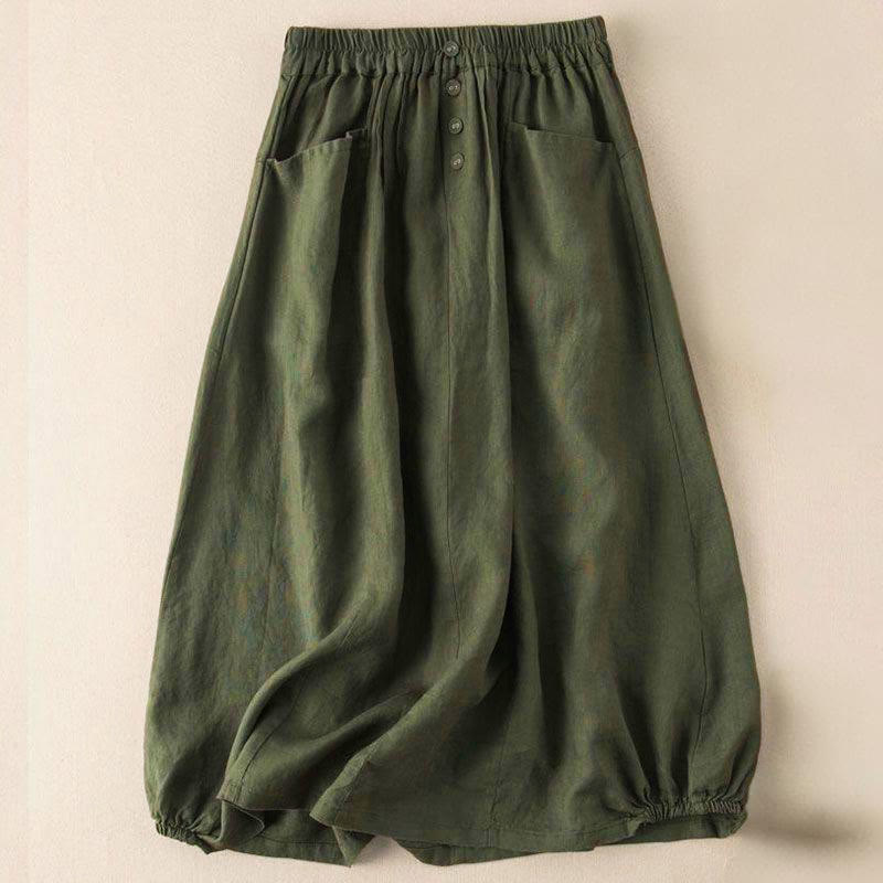 Buddha Stones Summer Solid Button Elastic Waist 7-8 Length Women's Skirt With Pockets - DarkOliveGreen - US16，UK/AU20，EU48 (5XL) - image 4