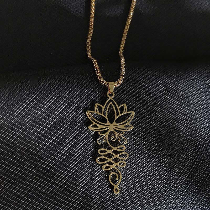 Buddha Stones Lotus Vines Design Chakra Symbol Stainless Steel Enlightenment Necklace Pendant - Gold - image 7