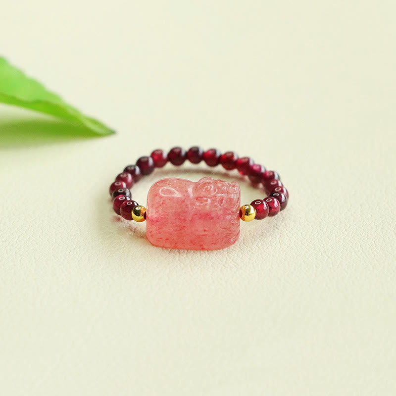 Buddha Stones Garnet Beads Strawberry Quartz Pixiu Protection Ring - Garnet Bead(Adjustable) - image 0