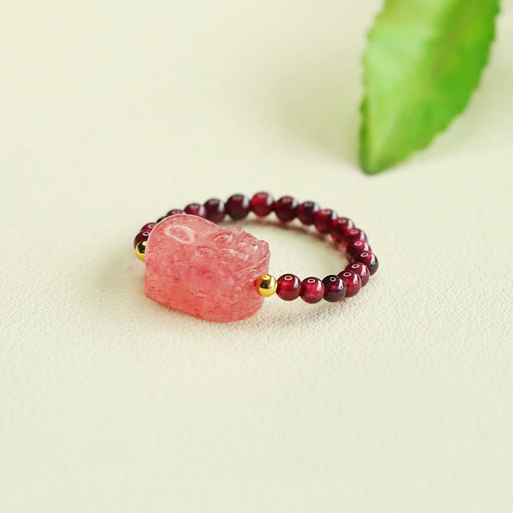 Buddha Stones Garnet Beads Strawberry Quartz Pixiu Protection Ring - image 4