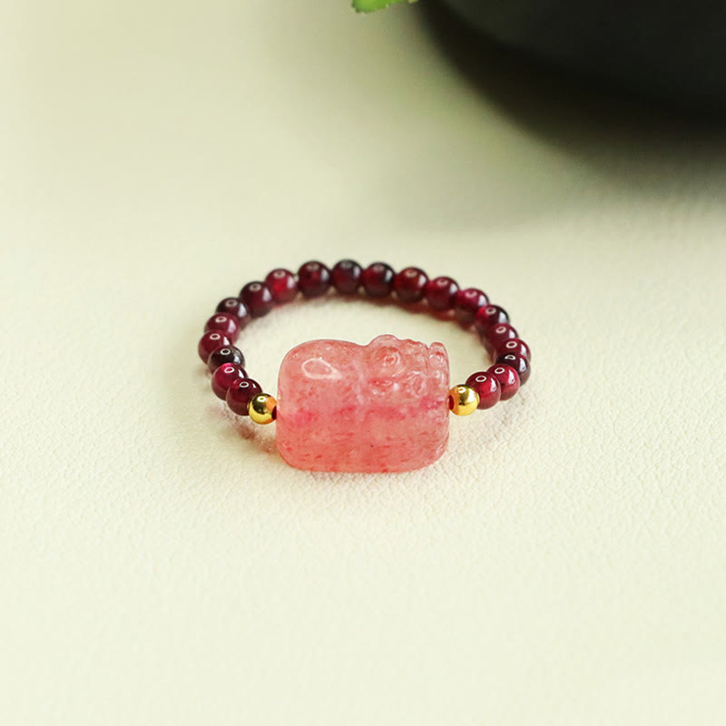Buddha Stones Garnet Beads Strawberry Quartz Pixiu Protection Ring - image 1