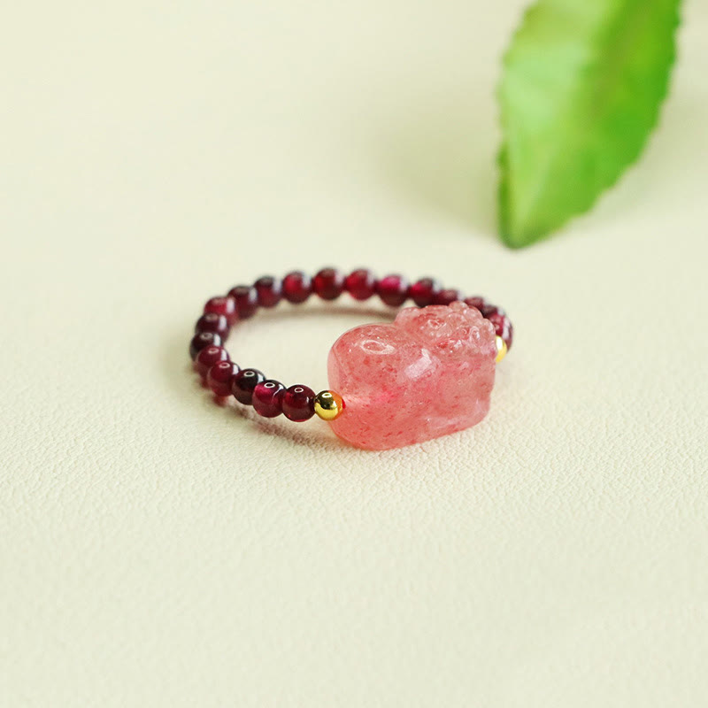 Buddha Stones Garnet Beads Strawberry Quartz Pixiu Protection Ring - image 5