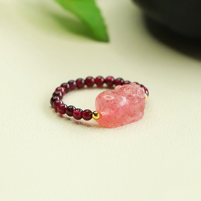 Buddha Stones Garnet Beads Strawberry Quartz Pixiu Protection Ring - image 2