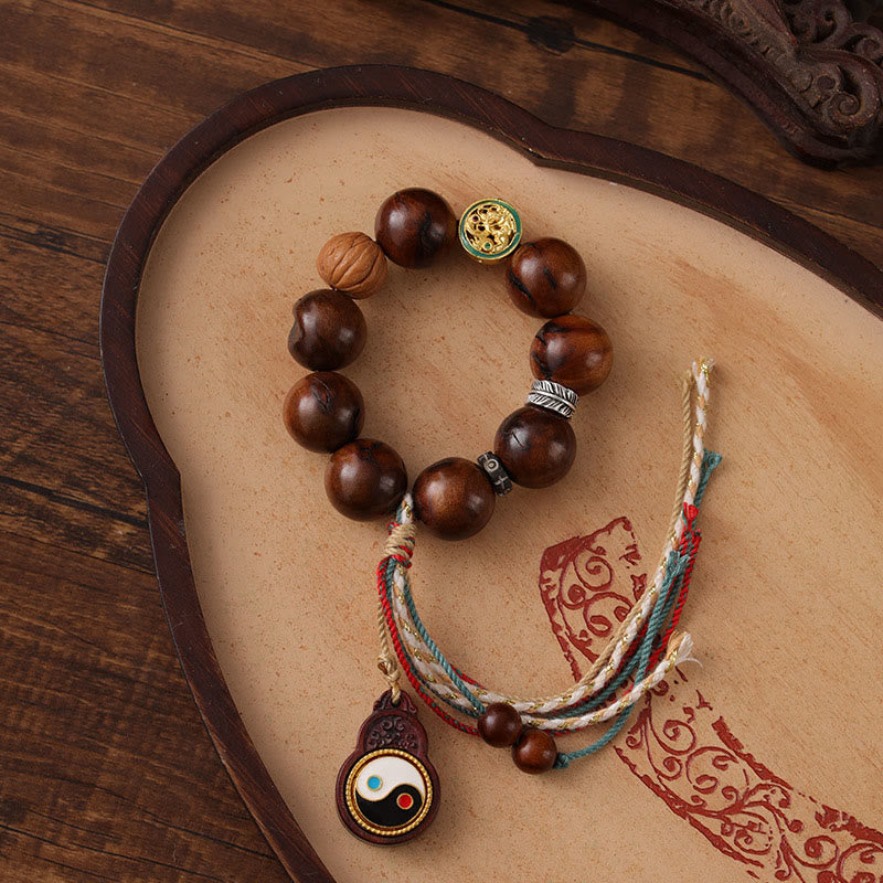 Buddha Stones Tibet Lightning Struck Jujube Wood Yin Yang Luck Bracelet - Lightning Struck Jujube Wood(Wrist Circumference: 18-23cm) - image 0