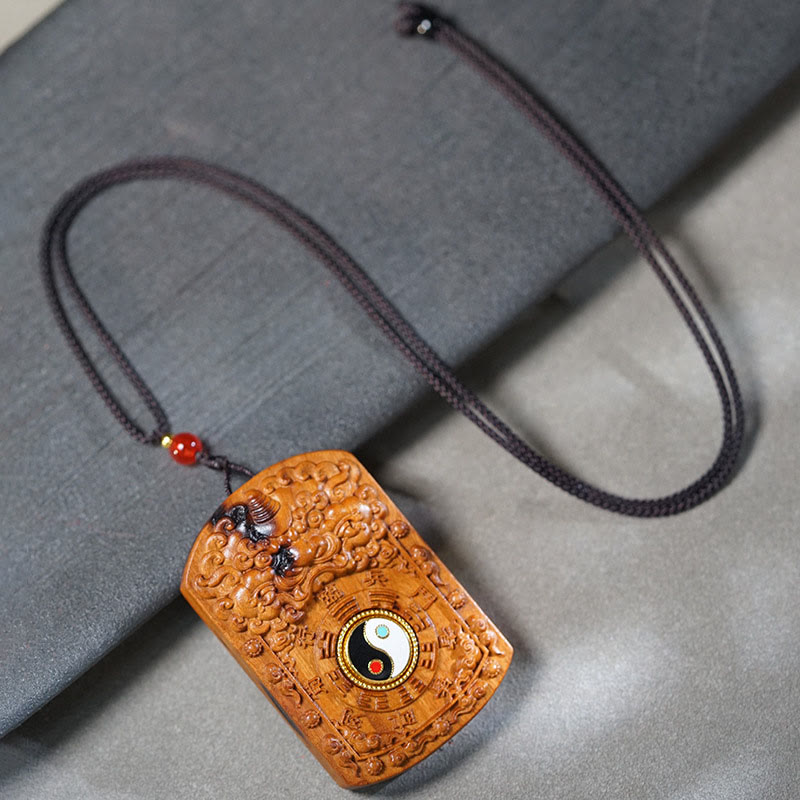 Buddha Stones Lightning Struck Jujube Wood Dragon Yin Yang Bagua Protection Necklace Pendant - Lightning Struck Jujube Wood - image 0