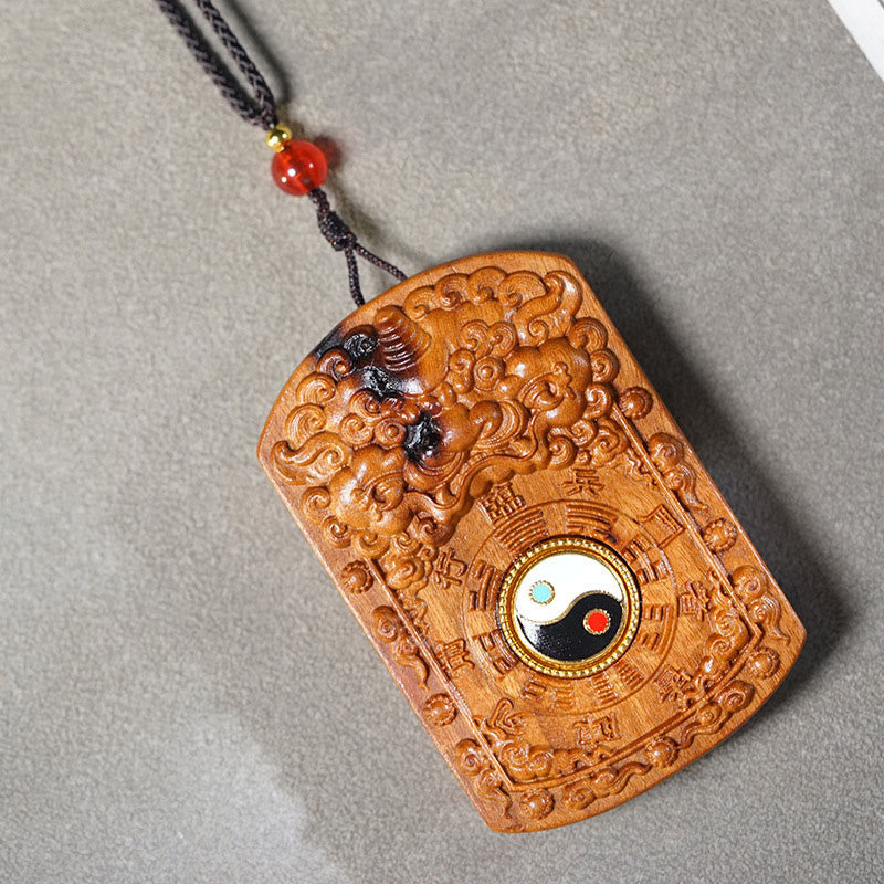 Buddha Stones Lightning Struck Jujube Wood Dragon Yin Yang Bagua Protection Necklace Pendant - image 1