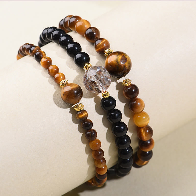 Buddha Stones Tiger Eye Black Obsidian Courage Beads Bracelet - image 9