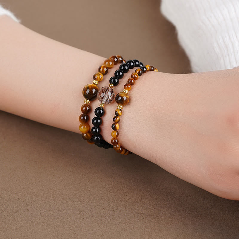 Buddha Stones Tiger Eye Black Obsidian Courage Beads Bracelet - image 4