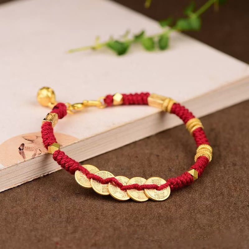 Buddha Stones Handmade Five Emperor Coins Wealth String Braided Bracelet - Red Rope(Wrist Circumference: 15-19cm) - image 0