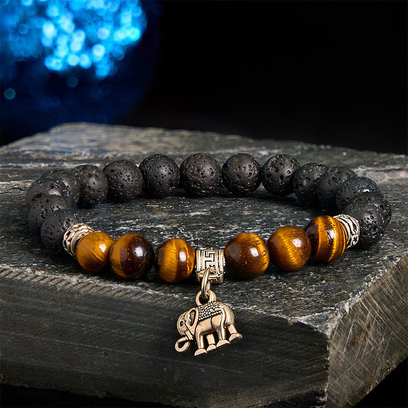 Buddha Stones Black Lava Rock Crystal Beads Animal Pattern Healing Bracelet - Elephant Pattern(Wrist Circumference: 15-17cm) - image 0