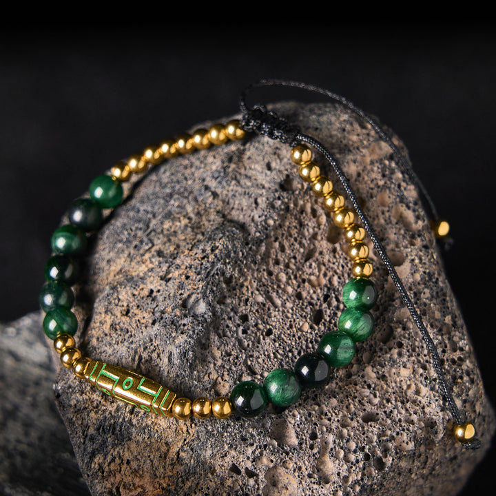 Buddha Stones Cute Bone Pattern Tiger Eye Courage Beads Bracelet - Green Tiger Eye & Titanium Steel(Wrist Circumference: 15-21cm) - image 9