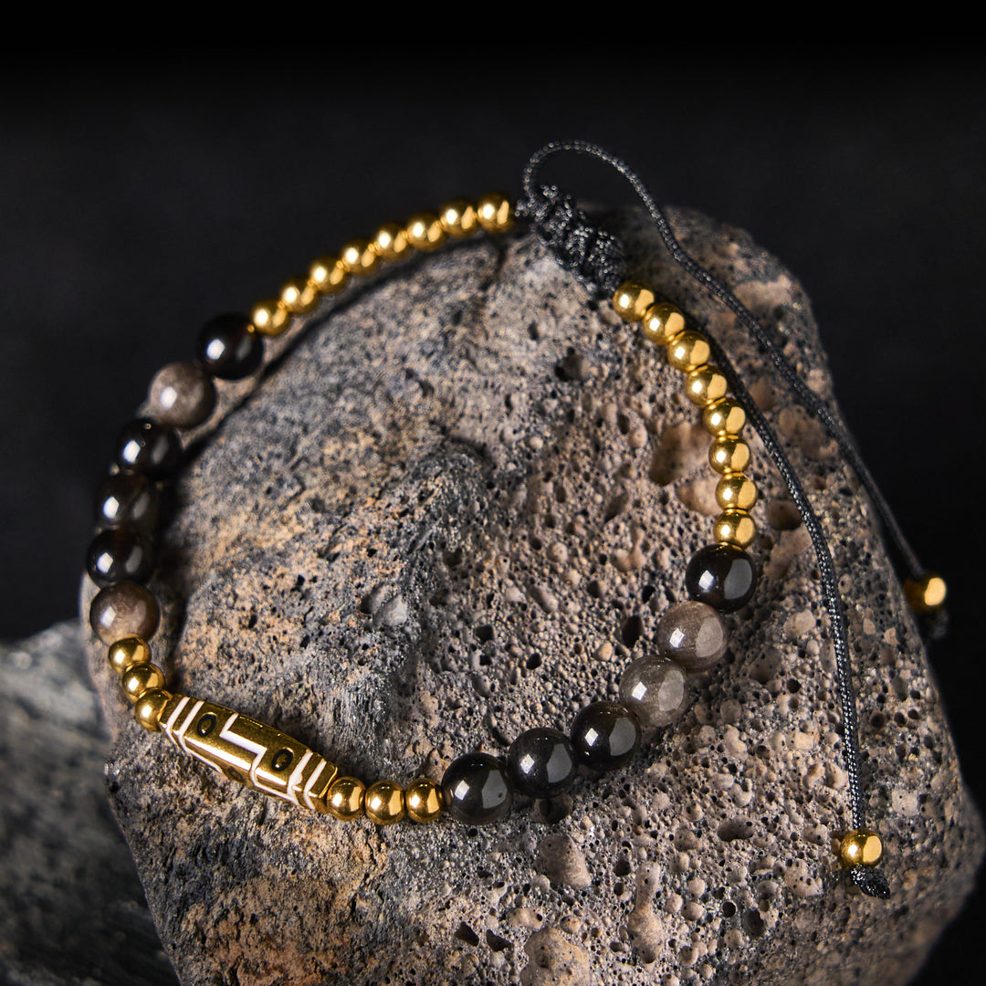 Buddha Stones Cute Bone Pattern Tiger Eye Courage Beads Bracelet - Silver Sheen Obsidian & Titanium Steel(Wrist Circumference: 15-21cm) - image 5