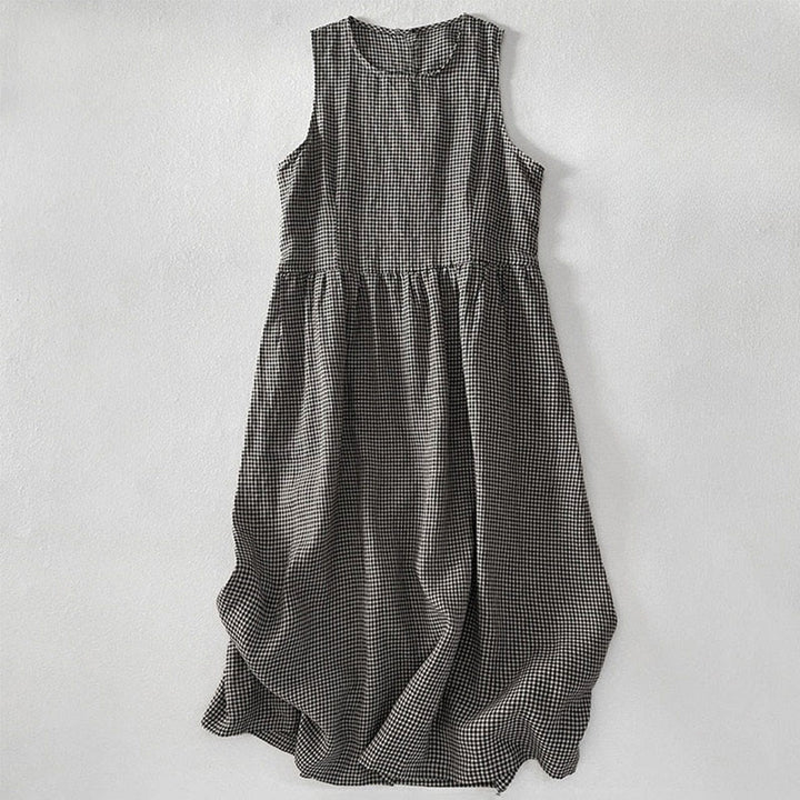 Buddha Stones Casual Plain Handmade Plaid Midi Dress Cotton Sleeveless Dress With Pockets - DimGray - US16，UK/AU20，EU48 (3XL) - image 9