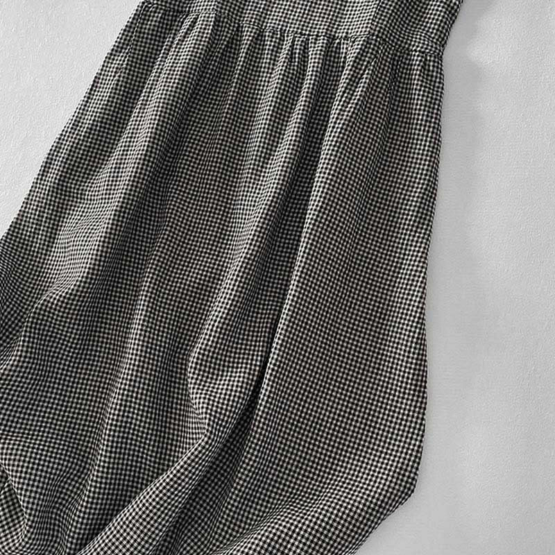 Buddha Stones Casual Plain Handmade Plaid Midi Dress Cotton Sleeveless Dress With Pockets - image 14