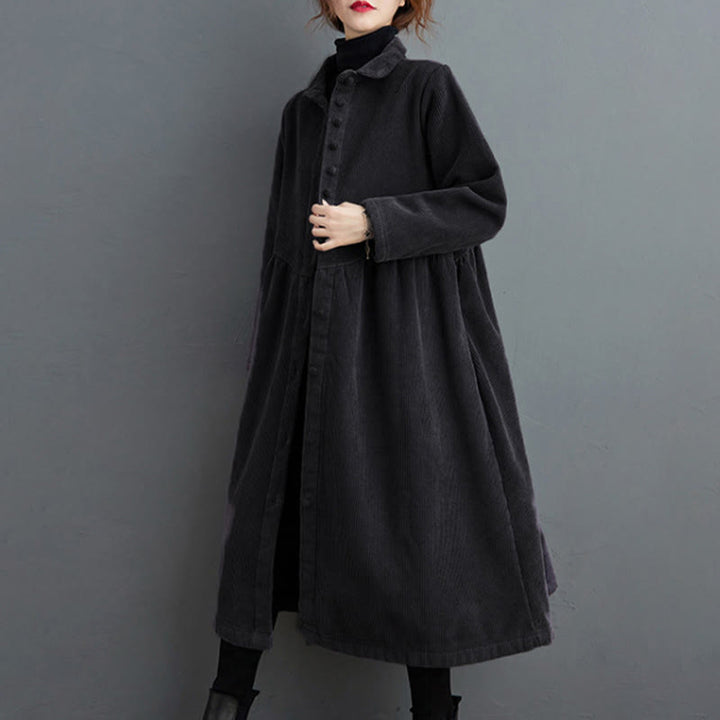 Buddha Stones Plain Buttons Long Sleeve Women's Cotton Corduroy Fleece-Lined Coat With Pockets - image 1