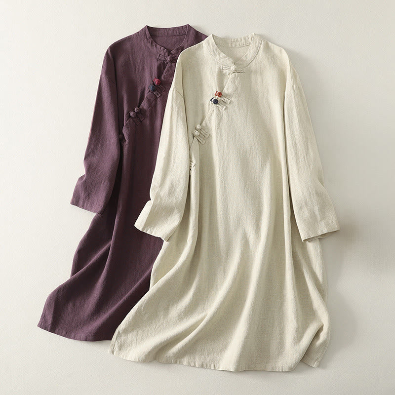 Buddha Stones Spring Diagonal Closure Frog Buttons Design Cotton Long Sleeve Midi Dress - image 0