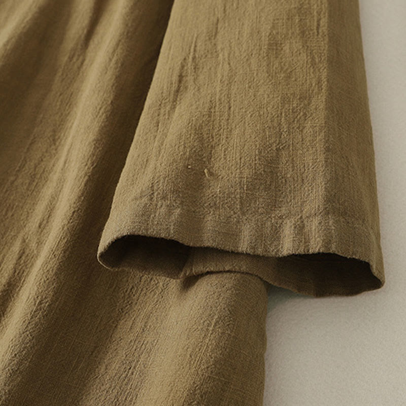 Buddha Stones Vintage Plain Frog Buttons Asymmetrical Design Long Sleeve Cotton Linen Midi Dress - image 3