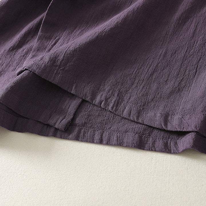 Buddha Stones Vintage Plain Frog Buttons Asymmetrical Design Long Sleeve Cotton Linen Midi Dress - image 14