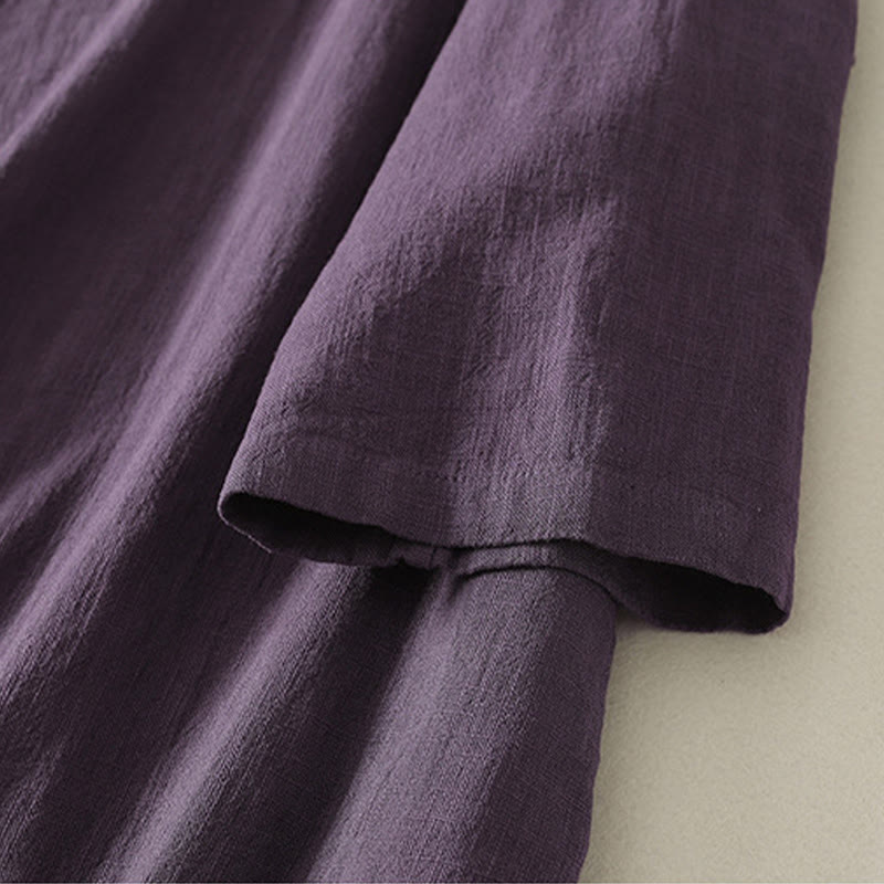 Buddha Stones Vintage Plain Frog Buttons Asymmetrical Design Long Sleeve Cotton Linen Midi Dress - image 12