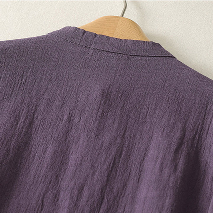 Buddha Stones Vintage Plain Frog Buttons Asymmetrical Design Long Sleeve Cotton Linen Midi Dress - image 9