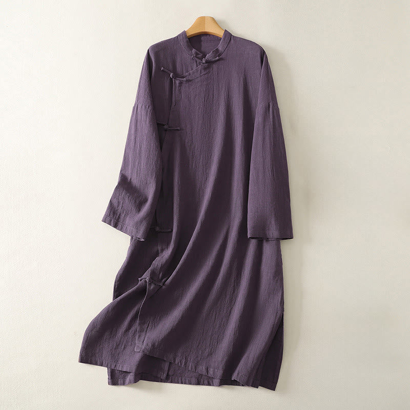 Buddha Stones Vintage Plain Frog Buttons Asymmetrical Design Long Sleeve Cotton Linen Midi Dress - Purple - US12，UK/AU16，EU44 (2XL) - image 6