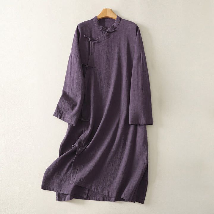 Buddha Stones Vintage Plain Frog Buttons Asymmetrical Design Long Sleeve Cotton Linen Midi Dress - Purple - US12，UK/AU16，EU44 (2XL) - image 6