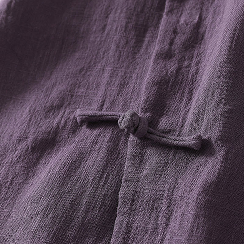 Buddha Stones Vintage Plain Frog Buttons Asymmetrical Design Long Sleeve Cotton Linen Midi Dress - image 10