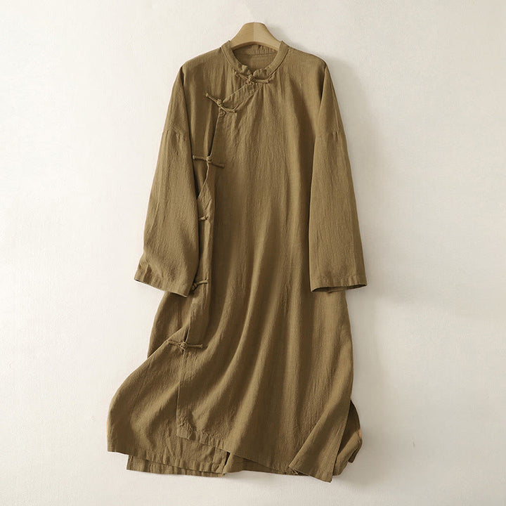 Buddha Stones Vintage Plain Frog Buttons Asymmetrical Design Long Sleeve Cotton Linen Midi Dress - DarkGoldenrod - US12，UK/AU16，EU44 (2XL) - image 1