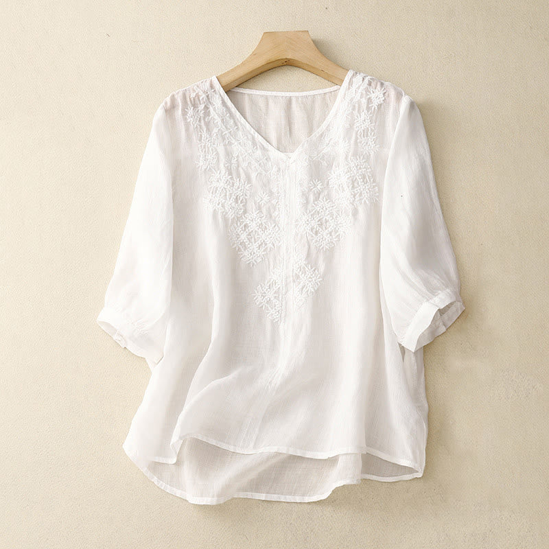 Buddha Stones V-Neck Lines Embroidery Women's Half Sleeve Shirt - White - US12，UK/AU16，EU44 (2XL) - image 15