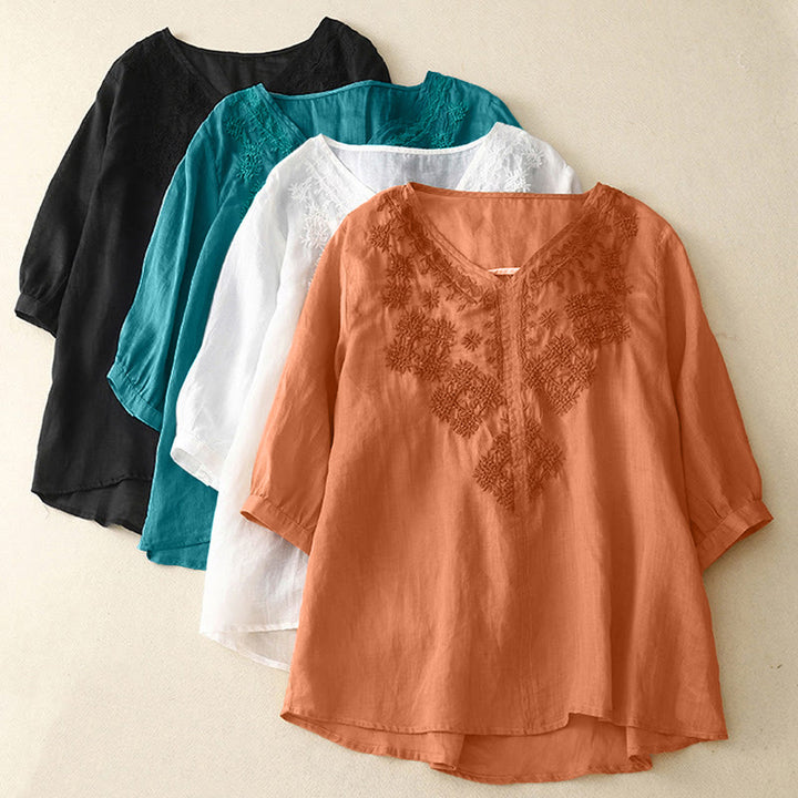 Buddha Stones V-Neck Lines Embroidery Women's Half Sleeve Shirt - image 19