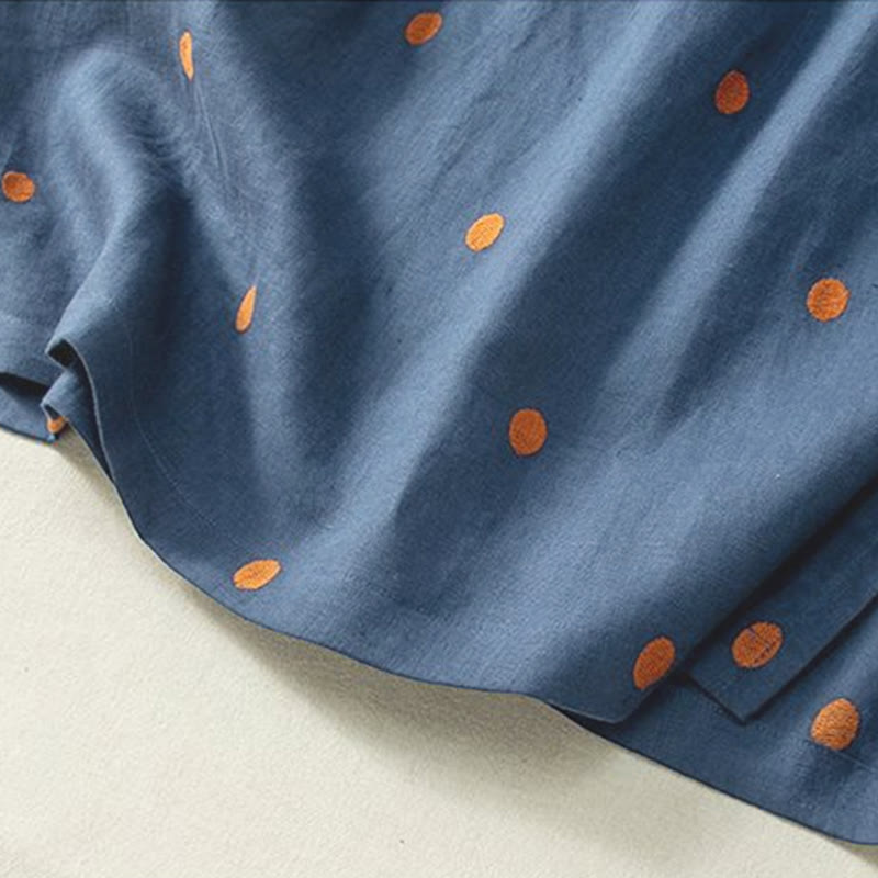 Buddha Stones Casual Dot Pattern Short Sleeve Lace-up Cotton Linen Women's Midi Dress With Pockets - image 3