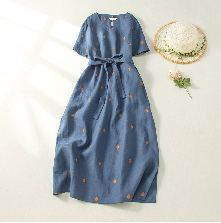 Buddha Stones Casual Dot Pattern Short Sleeve Lace-up Cotton Linen Women's Midi Dress With Pockets - DarkBlue - US8-10，UK/AU12-14，EU40-42 (2XL) - image 0