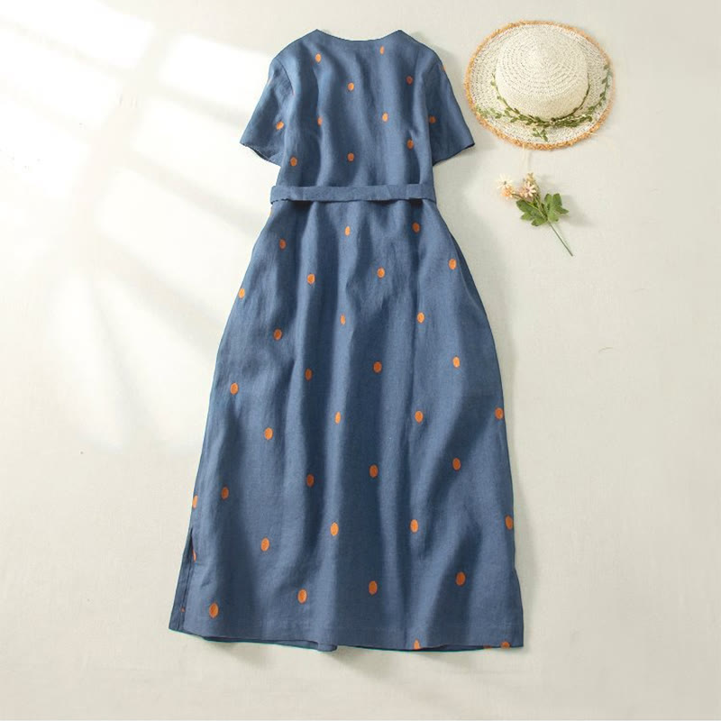 Buddha Stones Casual Dot Pattern Short Sleeve Lace-up Cotton Linen Women's Midi Dress With Pockets - image 1