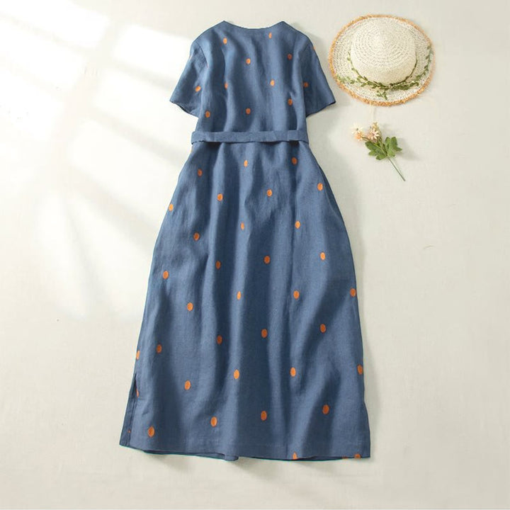 Buddha Stones Casual Dot Pattern Short Sleeve Lace-up Cotton Linen Women's Midi Dress With Pockets - image 1