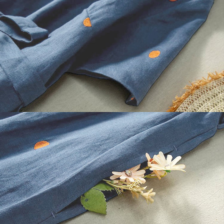 Buddha Stones Casual Dot Pattern Short Sleeve Lace-up Cotton Linen Women's Midi Dress With Pockets - image 5