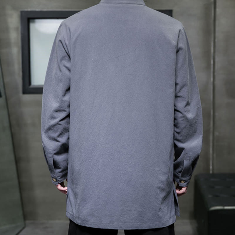 Buddha Stones Simple Tang Suit Plain Chinese Frog-Button Men's Cotton Long Sleeve Jacket Shirt - image 6
