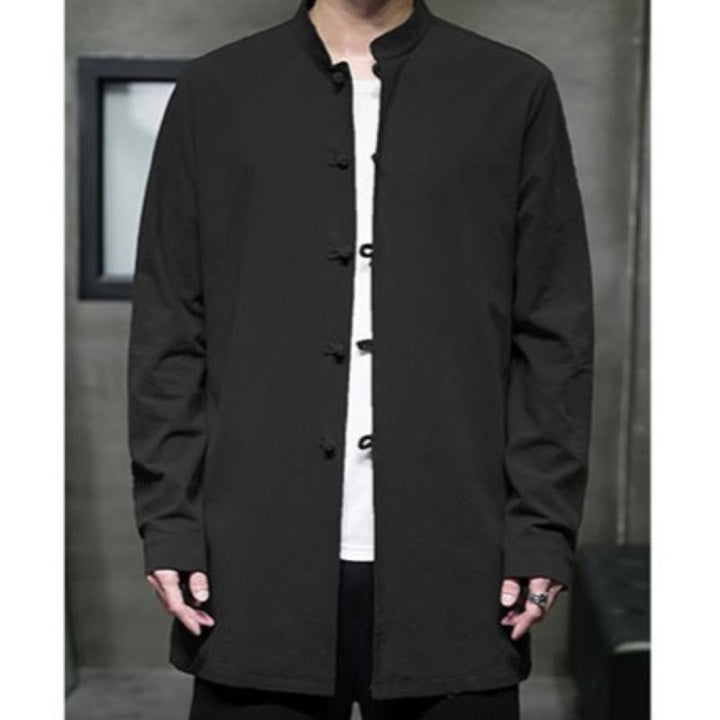 Buddha Stones Simple Tang Suit Plain Chinese Frog-Button Men's Cotton Long Sleeve Jacket Shirt - image 27