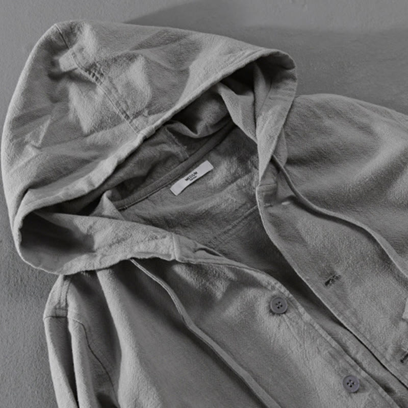 Buddha Stones Ribbed Hem Design Hoodie Long Sleeve Men's Cotton Linen Jacket Shirt With Pockets - image 1