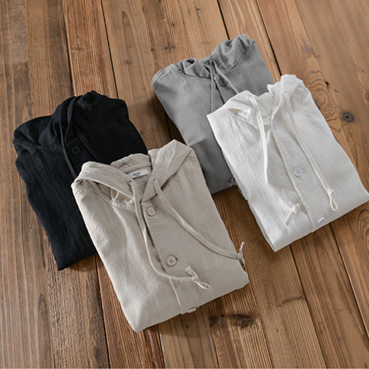 Buddha Stones Ribbed Hem Design Hoodie Long Sleeve Men's Cotton Linen Jacket Shirt With Pockets - image 20