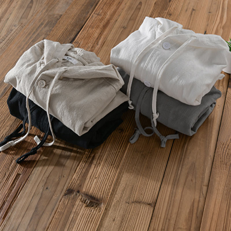 Buddha Stones Ribbed Hem Design Hoodie Long Sleeve Men's Cotton Linen Jacket Shirt With Pockets - image 21