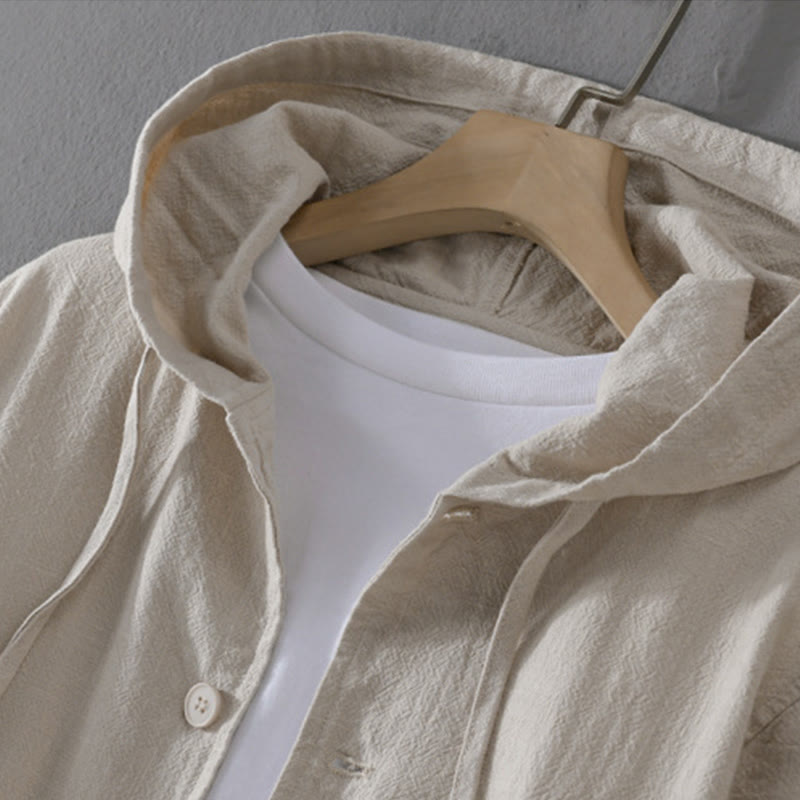 Buddha Stones Ribbed Hem Design Hoodie Long Sleeve Men's Cotton Linen Jacket Shirt With Pockets - image 6