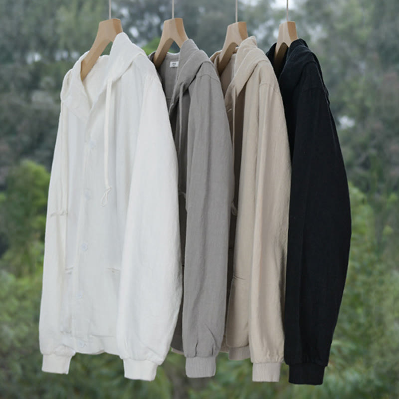 Buddha Stones Ribbed Hem Design Hoodie Long Sleeve Men's Cotton Linen Jacket Shirt With Pockets - image 24