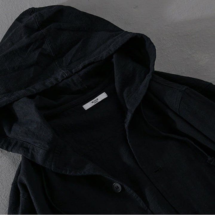 Buddha Stones Ribbed Hem Design Hoodie Long Sleeve Men's Cotton Linen Jacket Shirt With Pockets - image 12