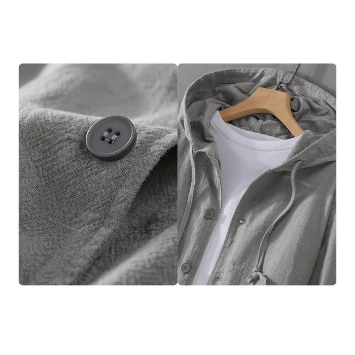 Buddha Stones Ribbed Hem Design Hoodie Long Sleeve Men's Cotton Linen Jacket Shirt With Pockets - image 2